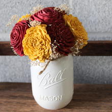 Load image into Gallery viewer, Autumn Leaves Mason Jar, Wooden Floral Arrangement
