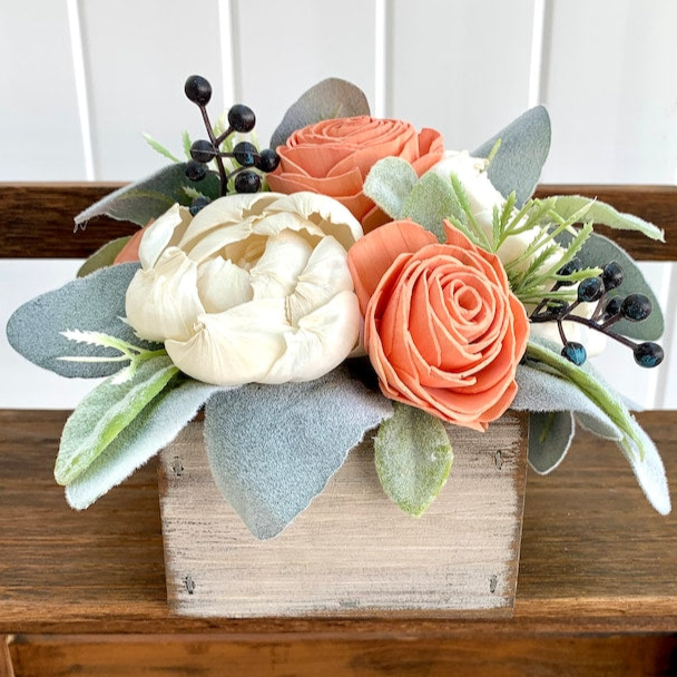 Coral and Ivory Wooden Floral Arrangement