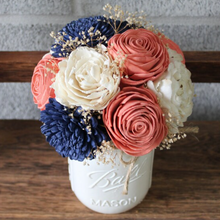 Load image into Gallery viewer, Coral and Navy Mason Jar, Wooden Floral Arrangement
