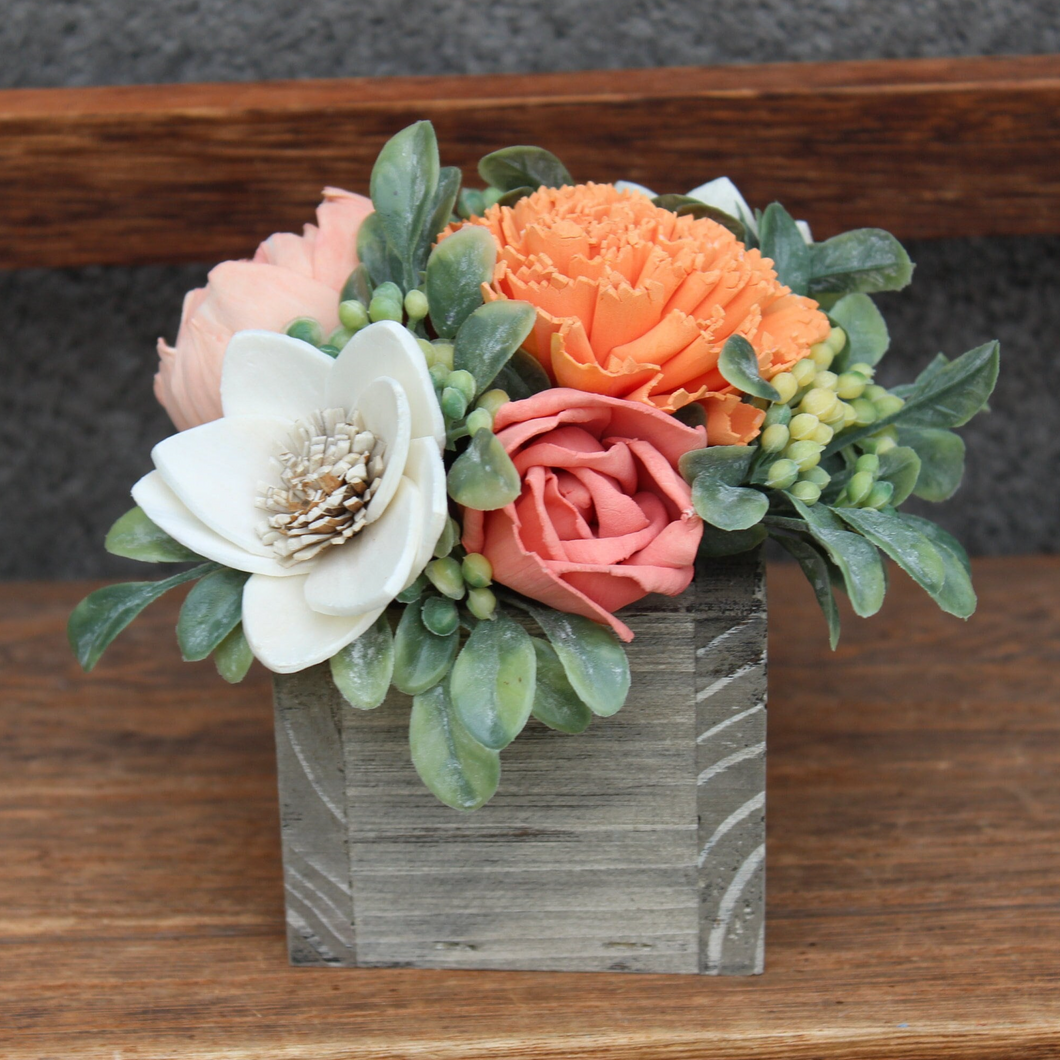 Coral and Peach Wooden Floral Arrangement