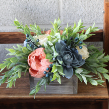 Load image into Gallery viewer, Dusty Blue and Coral Wooden Floral Arrangement
