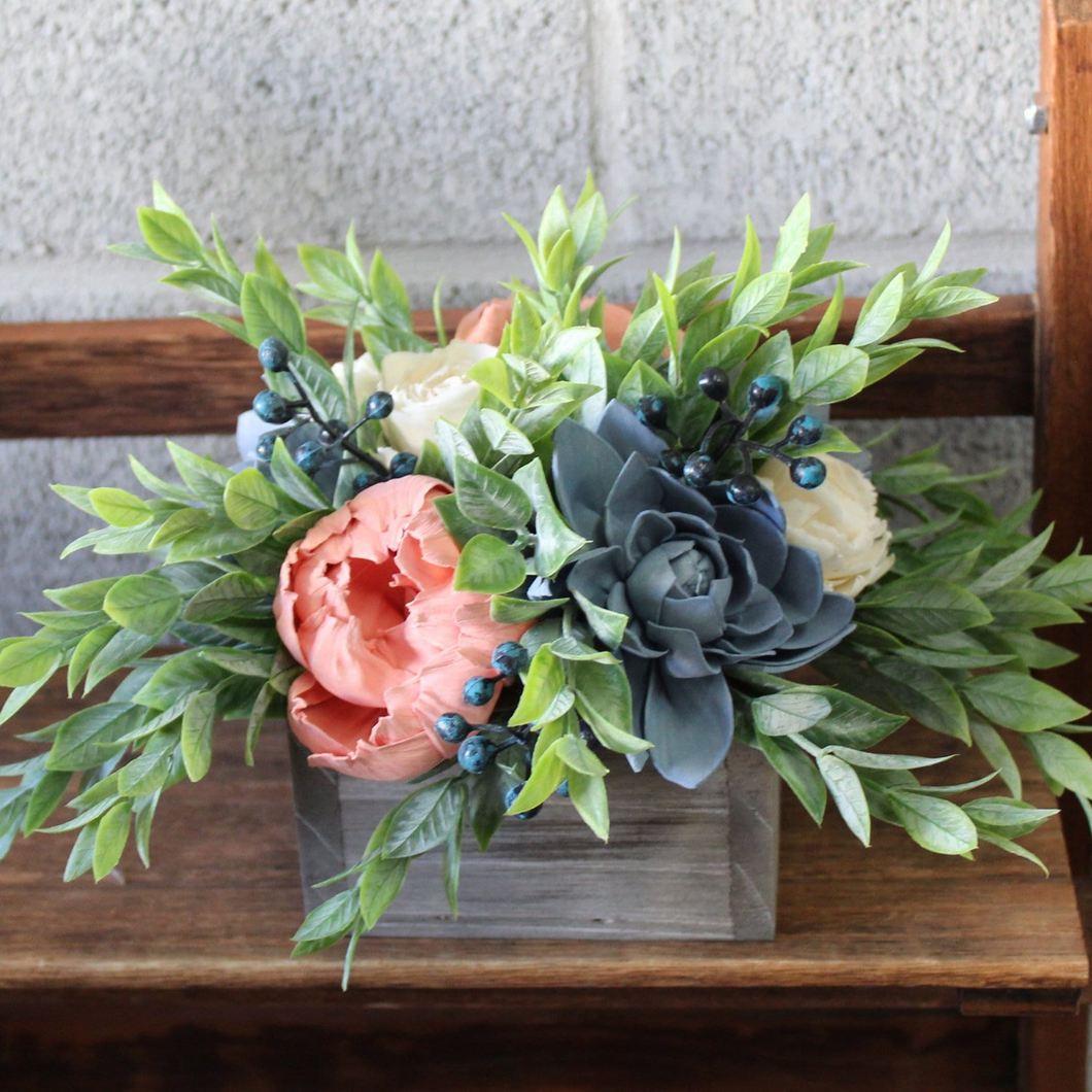 Dusty Blue and Coral Wooden Floral Arrangement