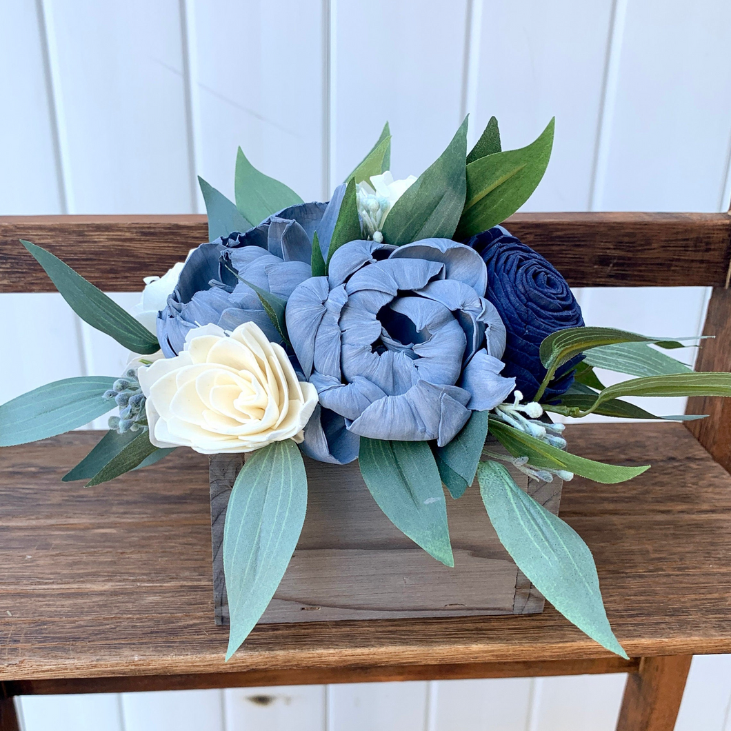 Dusty Blue and Navy Wooden Floral Arrangement