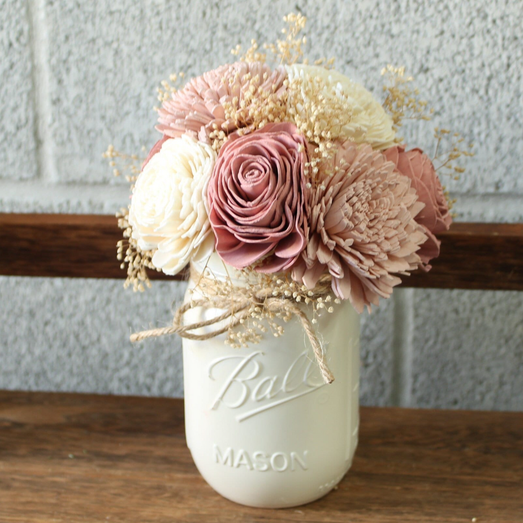 Dusty Pinks Mason Jar, Wooden Floral Arrangement