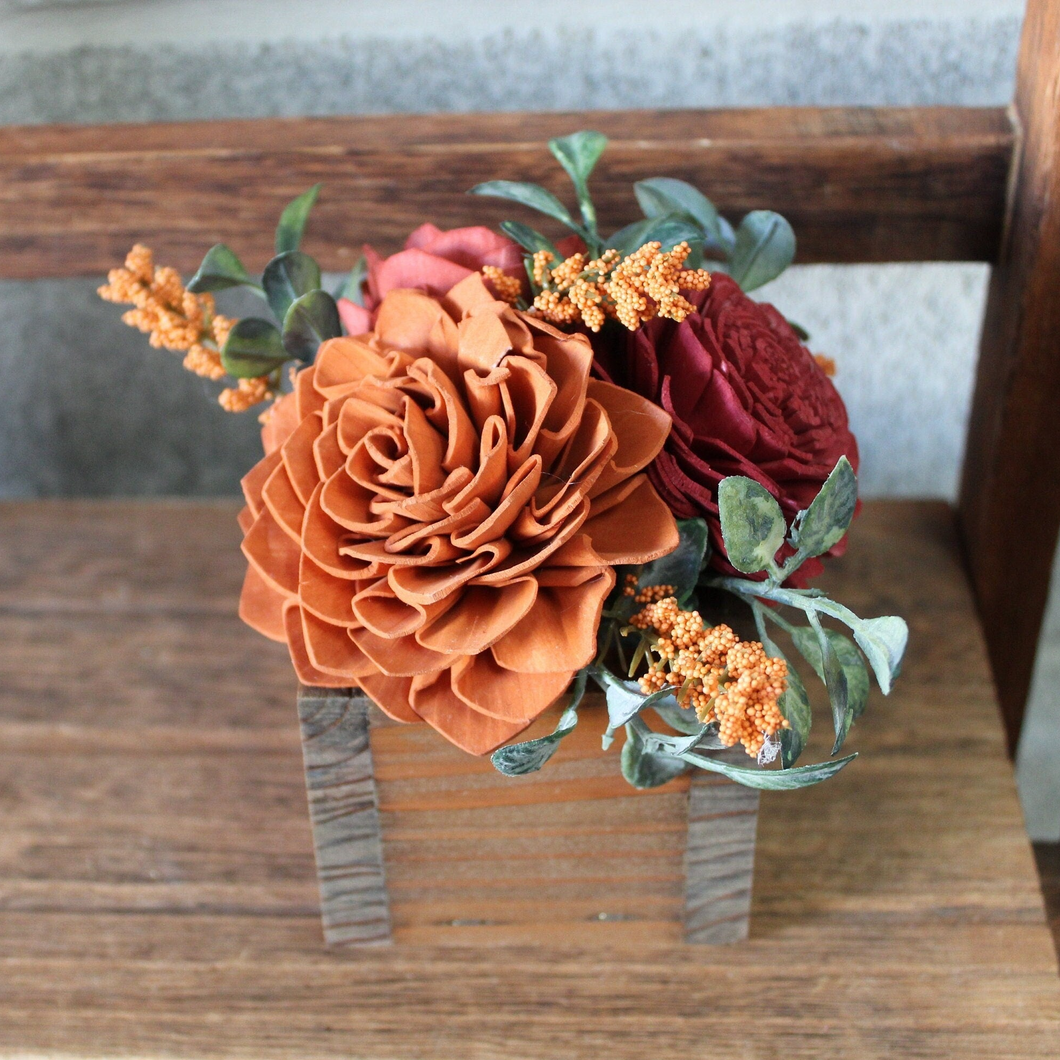 Fall Orange and Red Wooden Floral Arrangement