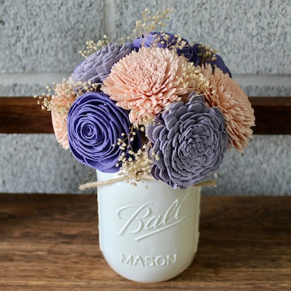 Girly Pastel Mason Jar, Wooden Floral Arrangement