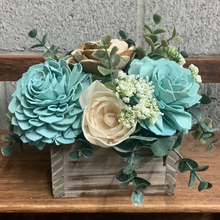 Load image into Gallery viewer, Light Blue and Natural Bark Wooden Floral Arrangement
