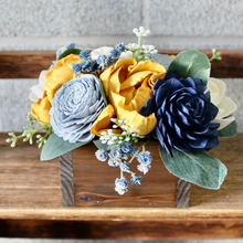 Load image into Gallery viewer, Mustard, Dusty Blue, and Navy Wooden Floral Arrangement
