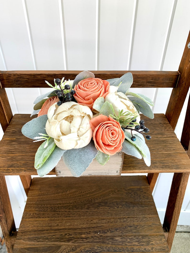Coral and Ivory Wooden Floral Arrangement