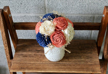 Load image into Gallery viewer, Coral and Navy Mason Jar, Wooden Floral Arrangement
