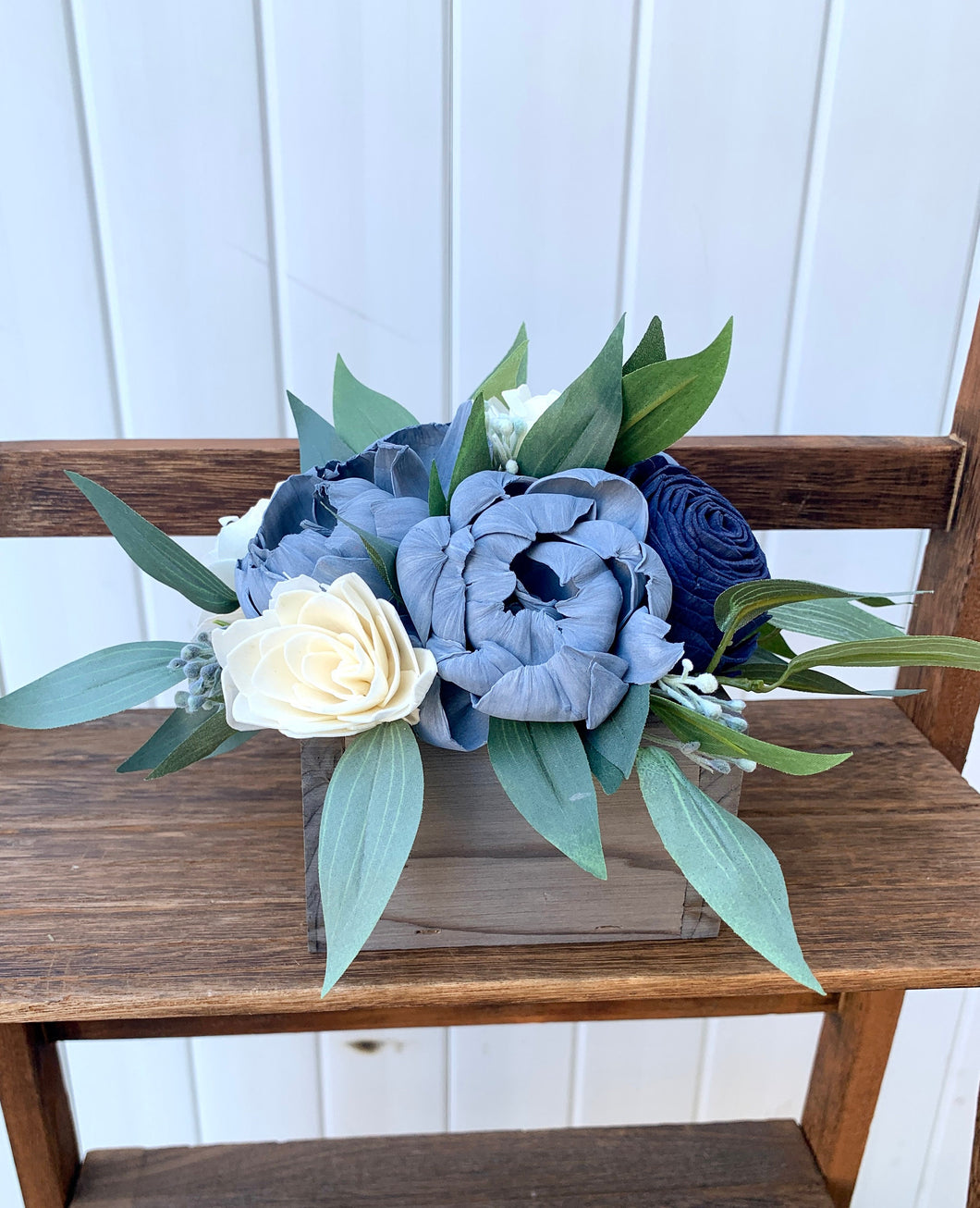 Dusty Blue and Navy Wooden Floral Arrangement