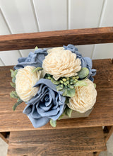 Load image into Gallery viewer, Dusty Blue Rose Wooden Floral Arrangement
