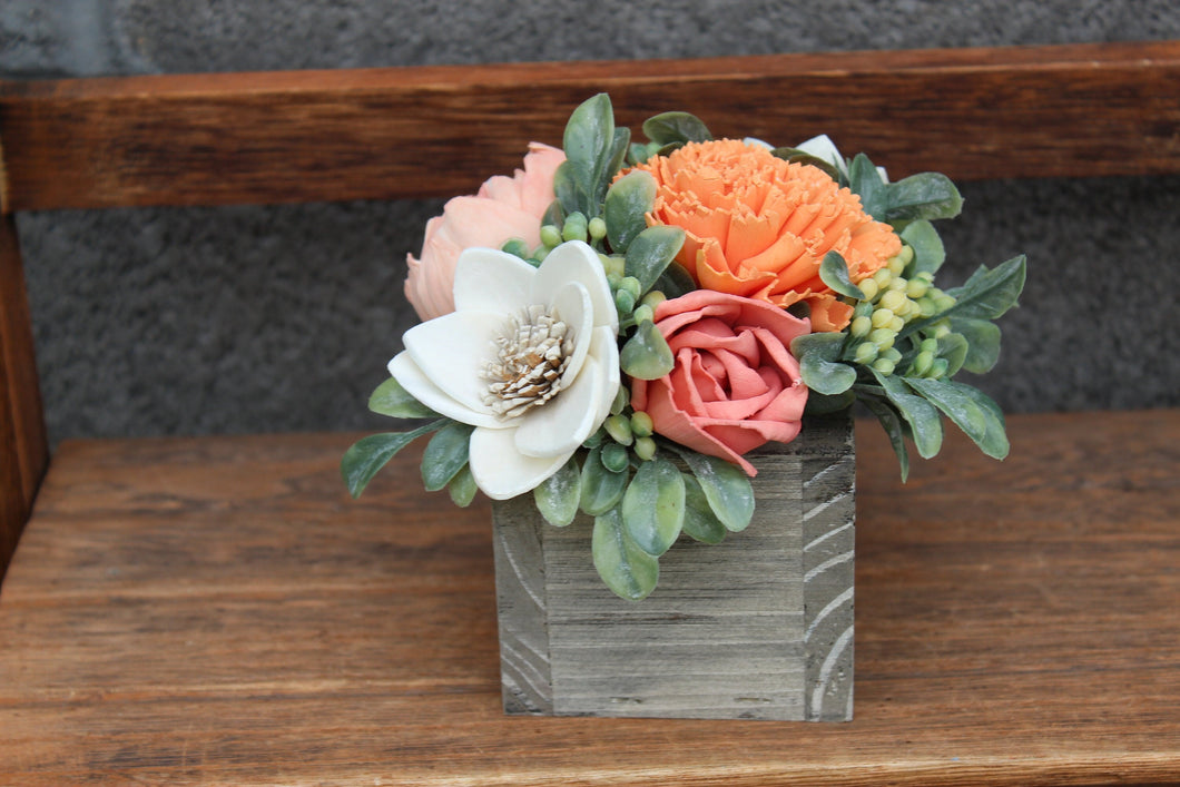 Coral and Peach Wooden Floral Arrangement