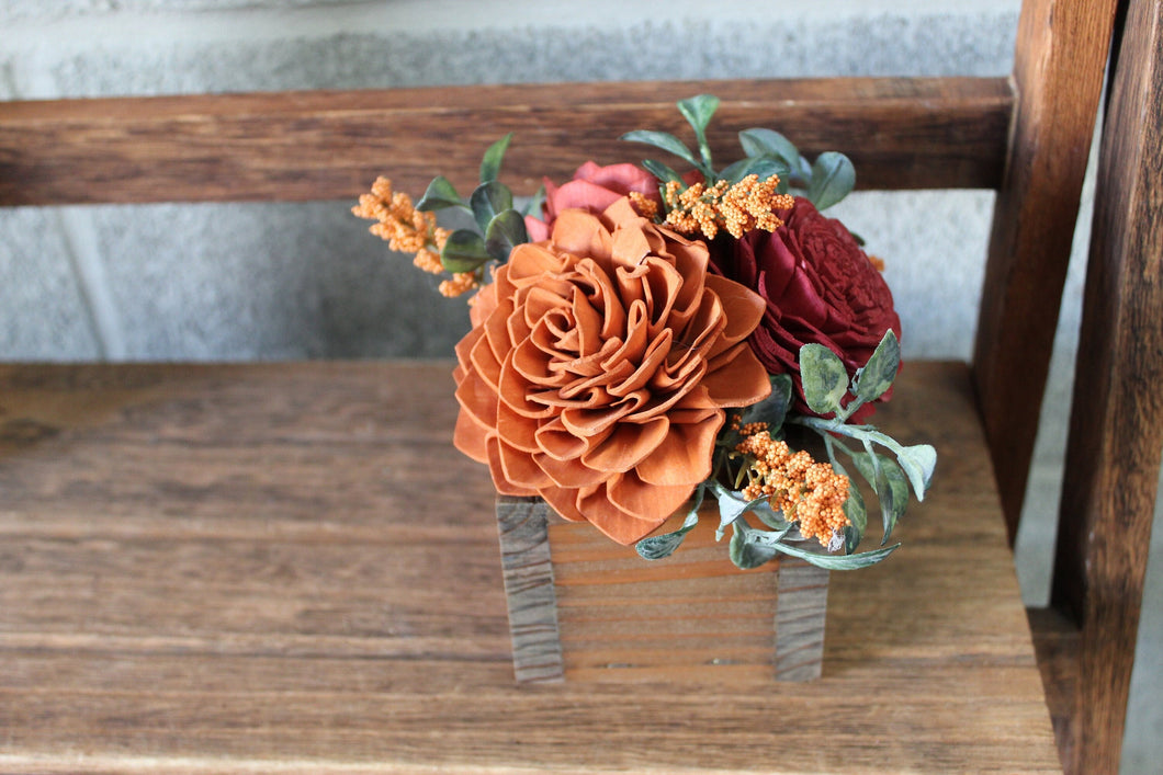 Fall Orange and Red Wooden Floral Arrangement