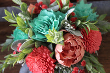 Load image into Gallery viewer, Aqua, Coral, and Peach Wooden Floral Arrangement
