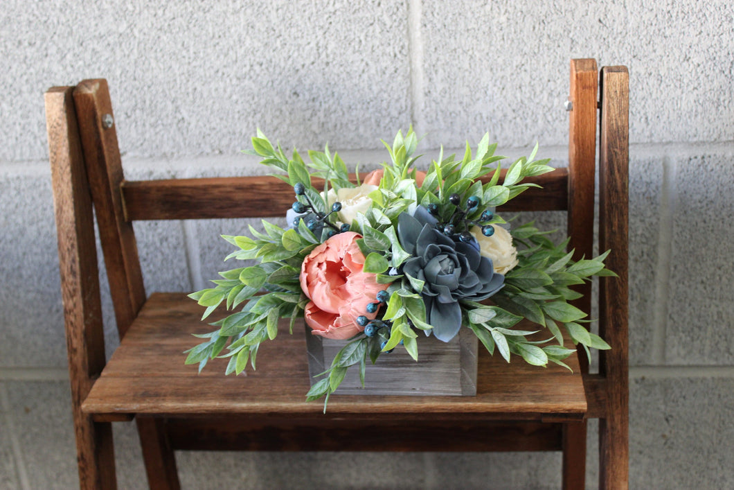 Dusty Blue and Coral Wooden Floral Arrangement