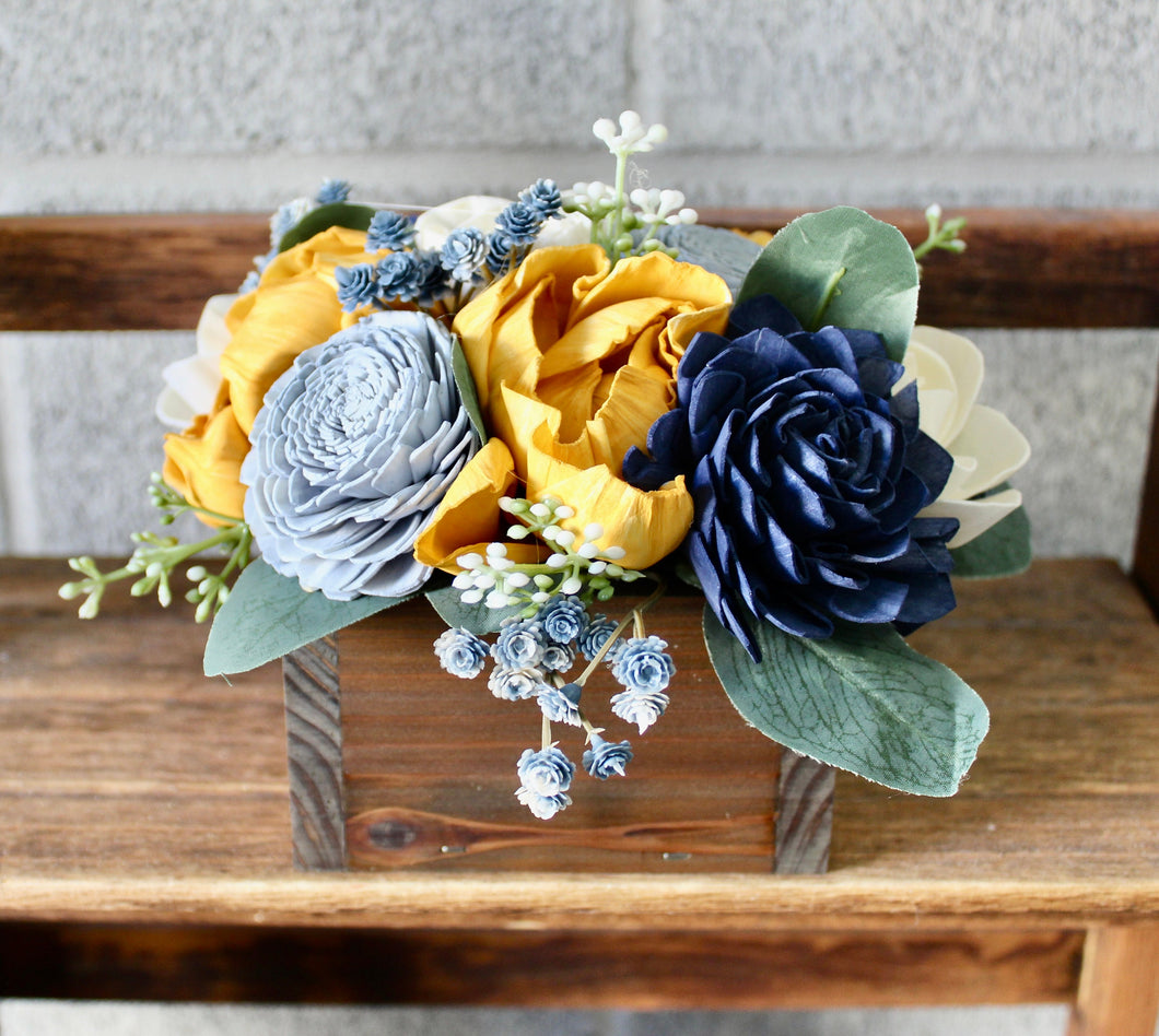 Mustard, Dusty Blue, and Navy Wooden Floral Arrangement